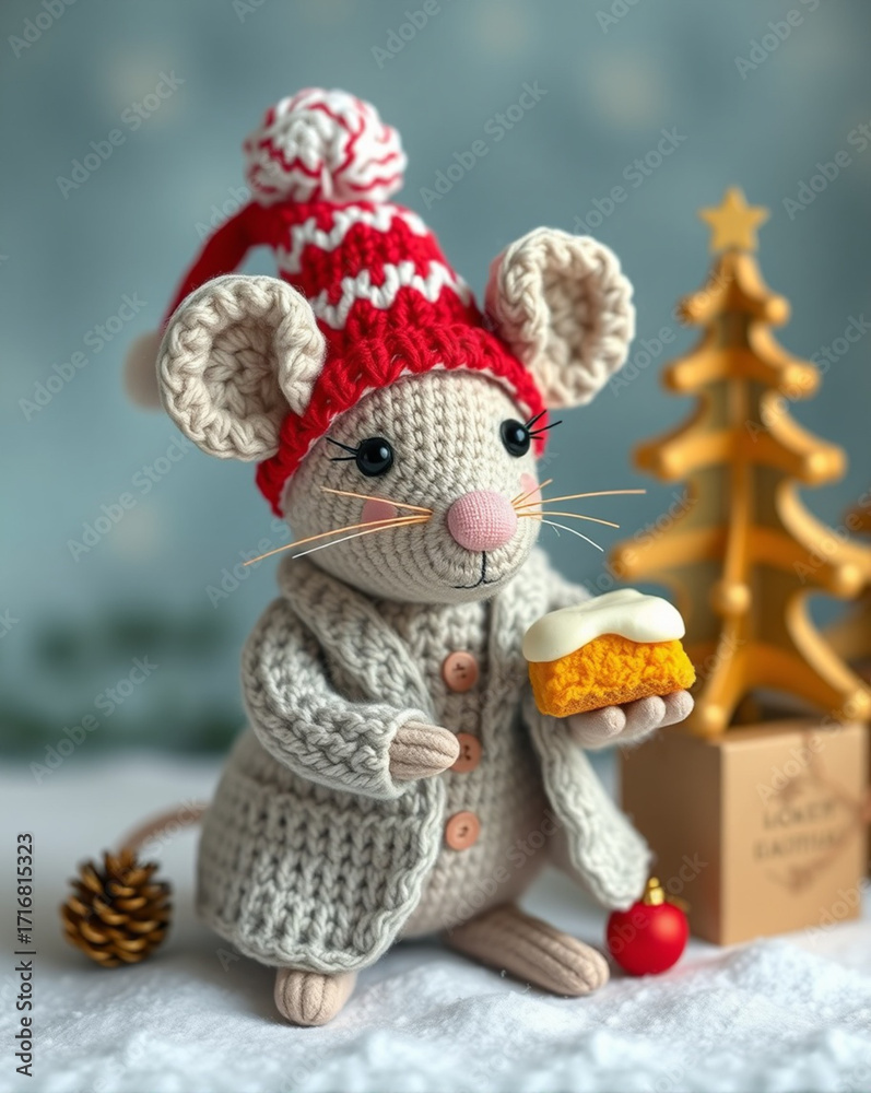 Small crochet mouse with red knitted hat taupe coat and cheese in hand. Christmas scene. 