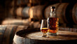 © wolfelarry - Full liquor bottle sits on wooden barrel next to glass with amber spirit. Warm inviting mood enhances aged whiskey, cognac, or bourbon in distillery cellar with rows of oak aging barrels