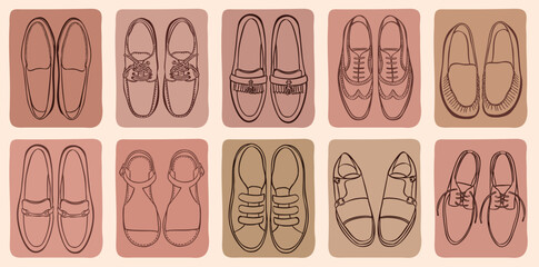 loafers, leather shoes hand drawn sketch illustration - vector collection set