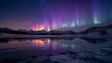 Purple auroras glowing softly across starry night, reflected in icy water