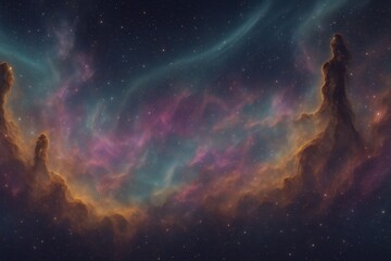 Wall Mural - Expansive deep space nebula panorama with glowing dust pillars vibrant starfields subtle auroras and seamless cosmic wallpaper gradients