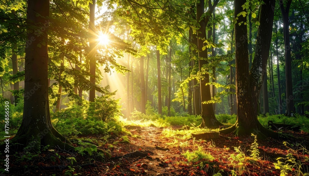 Lush Forest Sunlight Beams Filter Through Dense Canopy Illuminating ...