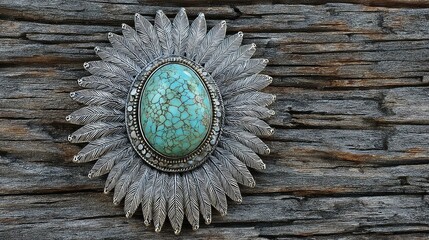 Wall Mural - Intricate Silver Brooch with Turquoise Stone Set Against Rustic Wooden Background