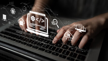 Modern web development concept featuring coding symbols, web development process, web development interface, and web development tools with futuristic design. Spline