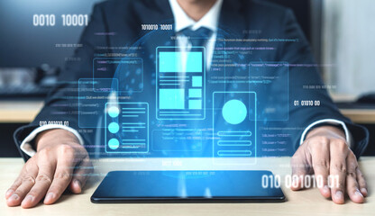 UI UX mockup showing application layout, structure, and code interface. UI design defines user flow, UI design improves clarity, UI design enhances experience, and UX design supports logic. Vouch