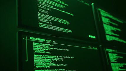 Dark environment with lines of code glowing on stacked computer screens  