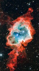 Wall Mural - Vibrant nebula with turquoise center surrounded by vivid red and orange gas clouds amid a vast field of distant stars