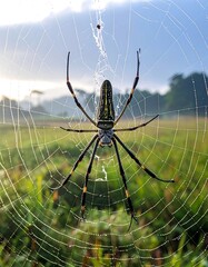 Large spider on intricate web over a field