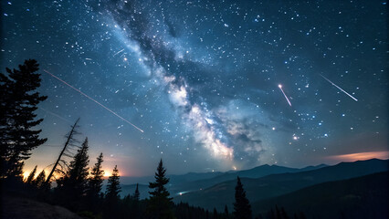 Wall Mural - Meteor Shower with Shooting Stars in Night Sky