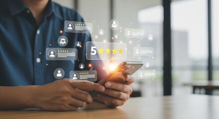 man pressing social network icon and 5 star review