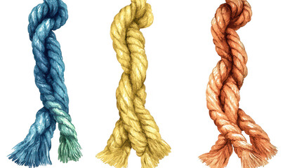 Three intricately woven ropes in colors of blue. yellow. and orange. displayed against a soft. neutral background. their texture and craftsmanship for potential use in design or decoration