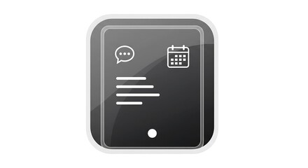 Sleek modern user interface icon for a digital organizer, featuring communication and scheduling symbols on a glossy dark background