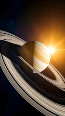 Wall Mural - Ringed planet with rings visible and a bright yellow sun shining over a field of stars in deep black space
