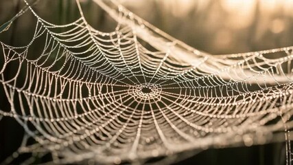 Dewcovered spiderweb glistens its radial and spiral strands adorned with droplets in morning light