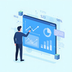Man interacting with digital screen displaying charts graphs binary code and statistics