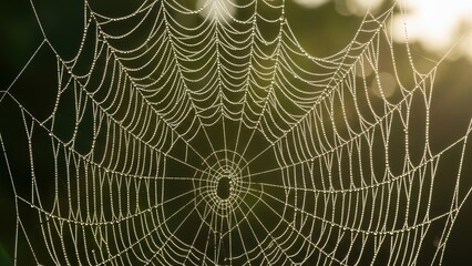A close-up of a spider web covered in sparkling morning dew drops.