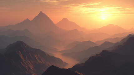 Wall Mural - Breathtaking landscape featuring majestic mountains at sunset, with soft hues of orange and pink illuminating sky. serene atmosphere evokes sense of tranquility and wonder