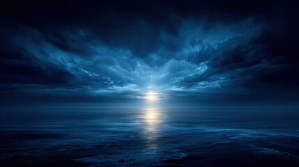 Wall Mural - serene ocean scene at twilight, featuring dark clouds and glowing horizon reflecting on calm waters,