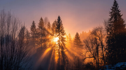 Wall Mural - breathtaking sunrise illuminates forest, casting golden rays through tall evergreen trees. mist adds