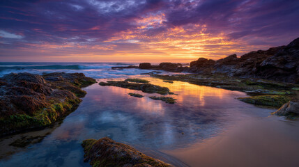 Wall Mural - breathtaking sunset over rocky beach, with vibrant colors reflecting in calm water pools. scene capt