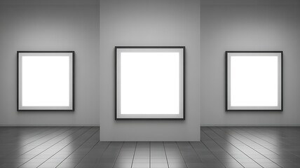 three blank frames hang on a gray wall. ideal for mockups, presentations, and gallery displays.