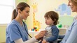 © AudaX - A friendly female pediatrician using a stethoscope to examine a young boy held by his mother.