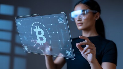 Woman uses AR device to view Bitcoin graphic. Conceptual scene for technology, crypto, metaverse marketing, editorial, web.