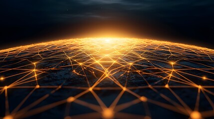 Wall Mural - The image features a dark sky above a network of bright, golden lines connecting points on a horizon with an intense golden glow, suggesting a high-tech, connected world view.