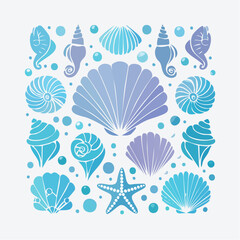 Naklejka na meble Nautical concept design featuring a beautiful collection of stylized seashells, a starfish, and ocean bubbles in a blue and purple gradient