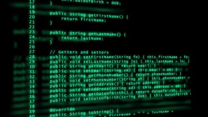 Glowing green computer code on a dark background representing programming and software development Keywords: code, programming, software, development, java, class, object oriented, programming
