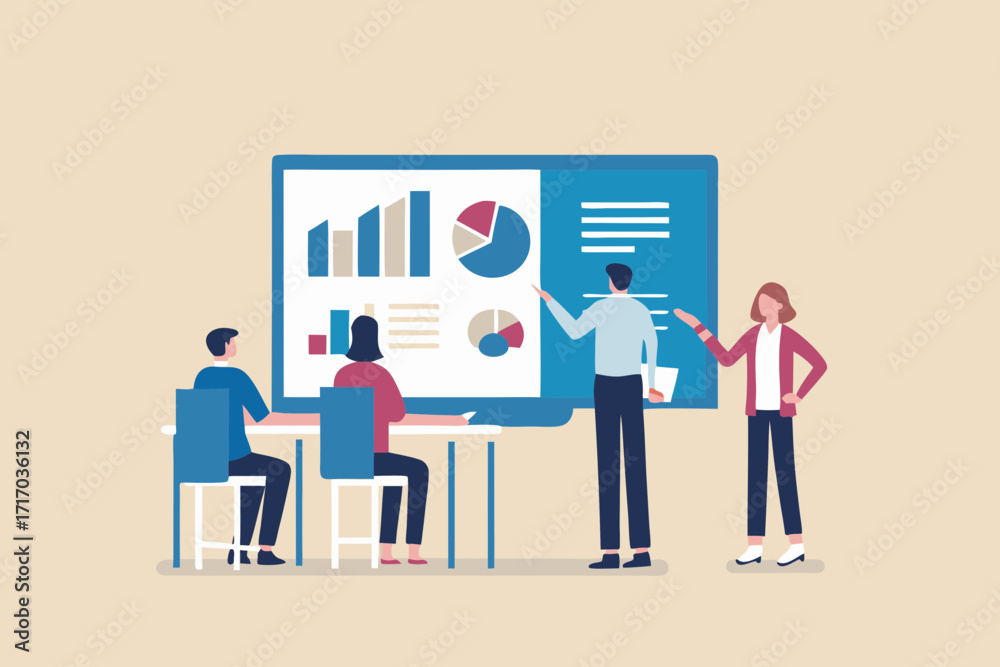 Business team presenting data charts and graphs on a large screen in a ...
