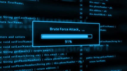 Blue progress bar shows 100%  of brute force attack on a dark background with scrolling code Keywords: code, programming, hacking, security, data, attack, brute force, progress bar, loading