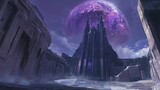 Imposing, dark castle/city rises before a large, purple planet in an alien landscape, with stone walls nearby