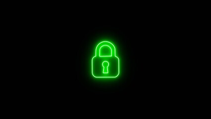Neon glow security look icon illustration. neon outline of a padlock symbol.