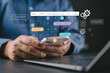 © Nirusmee - Time management and digital workflow concept. Man using smartphone calendar app to manage task, plan schedules, set reminder and track productivity with AI automation helping monitor progress.