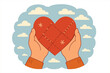 © Rafael - Hands giving red patchwork heart. Vector flat retro illustration. Holding heart in hands. Symbol of charity, love, support, donation, hope. Mending a broken heart.