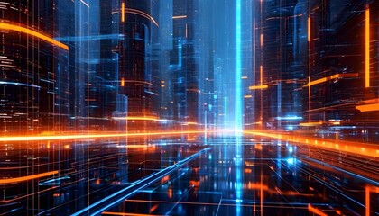 A futuristic digital landscape of a virtual city with glowing blue and orange light trails representing data flow.
