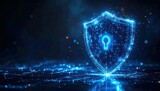 A glowing blue digital shield with a keyhole protects data in cyberspace, representing network security and advanced technology for online protection today.