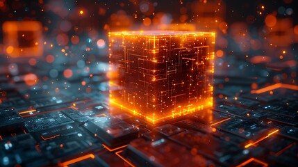 Glowing orange data cube on futuristic circuit board with digital particles
