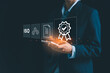 © JD8 - Person touching certificate icon represents concept of certification and standardization, business achieves ISO certified status quality assurance process in conformity with international standards.