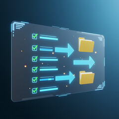Holographic task management screen showing automated arrows, checklist ticks, and folder icons in a futuristic UI. Concept of efficiency, workflow optimization, and paperless office operations.