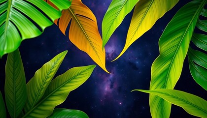 Wall Mural - Vibrant tropical leaves against a deep space backdrop, fantasy, foliage