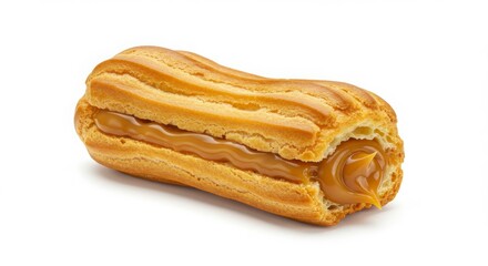 dulce de leche filled éclair Latin version isolated on a white background for dessert and bakery uses