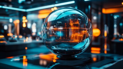 Wall Mural - Futuristic glass orb radiating energy. This captivating design sparks curiosity and imagination. Explore its shimmering beauty in a vibrant setting. Generative AI