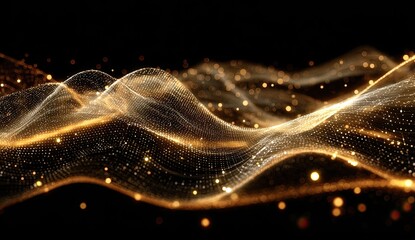 Abstract gold particle waves on a dark background