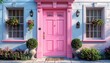 © Dil creatives - Vibrant pink six-panel front door with brass mail slot black hardware white trim decorative overhang conical shrubs and pink flower beds for cheerful architectural and lifestyle visuals