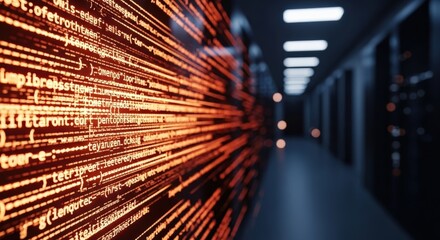 Orange glowing code on a wall in a server room.