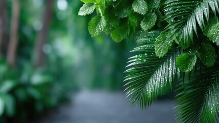 Lush Tropical Green Palm Jungle Leaves with Bokeh Forest Background in Soft Lighting Detailed Close Up