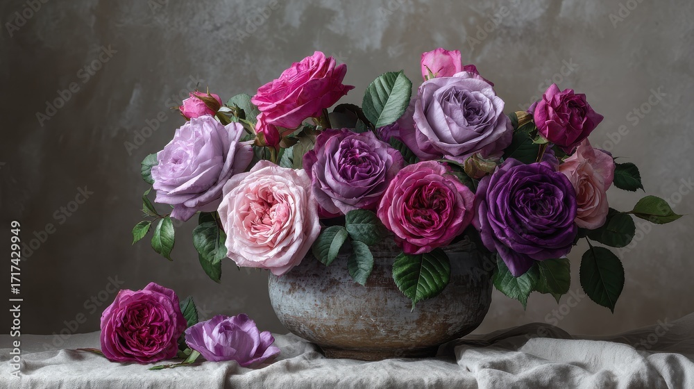 beautiful arrangement of pink and purple roses in a rustic pot on a soft linen cloth filled with a serene and calming natural ambiance perfect for home decor and floral designs