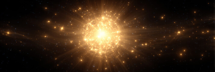 Wall Mural - glowing sphere of intense light with sparkling particles and energy beams that create the effect of a cosmic explosion or a mystical surge of energy.